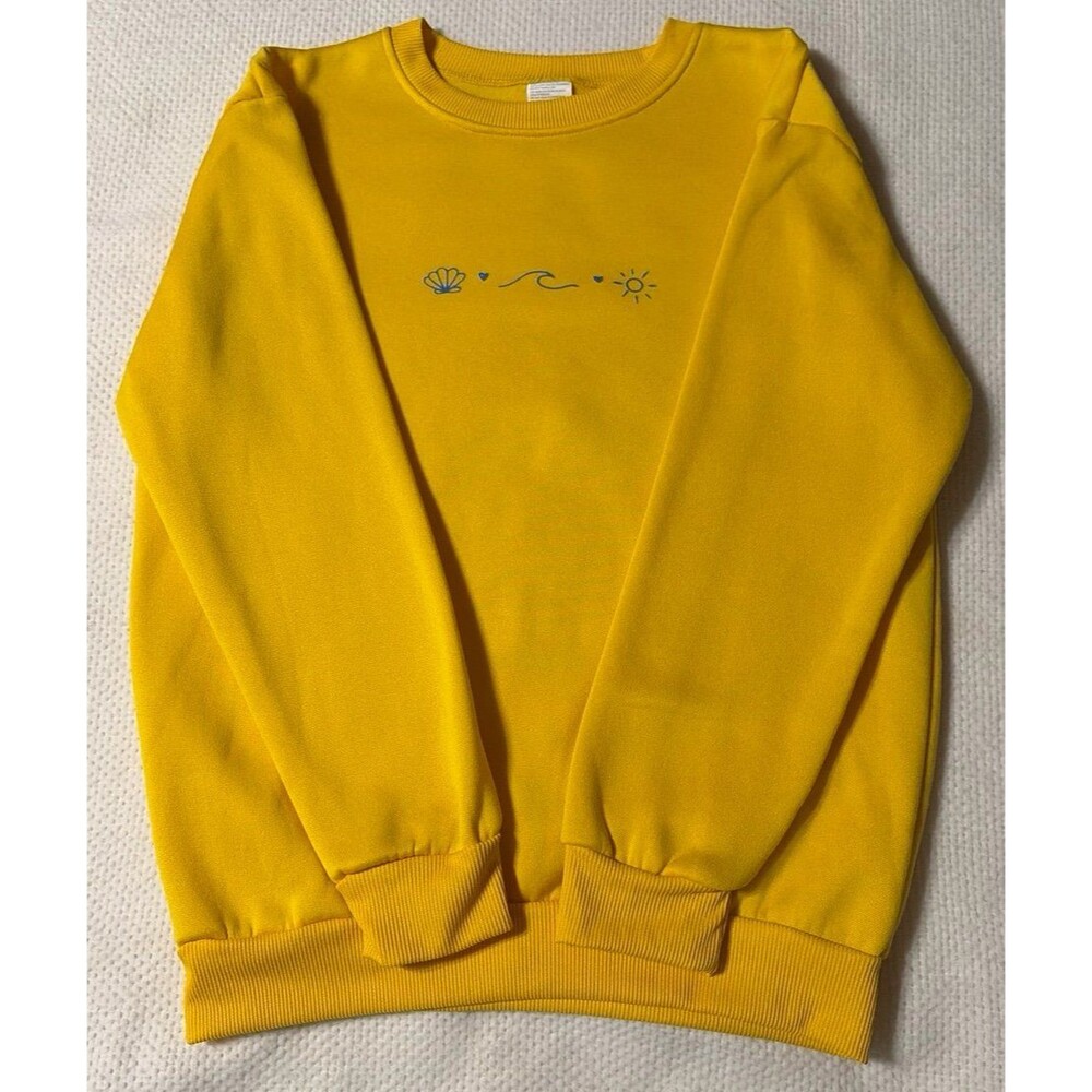 Yellow Beach Embroidered Crewneck Sweatshirt Seashell Wave Sun Small